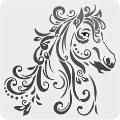 a black and white drawing of a horse's head with swirls on it