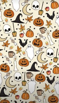 halloween themed wallpaper with pumpkins, jack - o'- lanterns and ghost faces