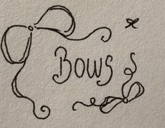 the word bows is drawn in black ink on a white paper with a bird flying above it