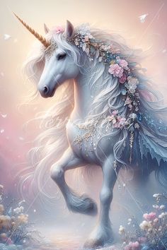 a white unicorn with flowers on its mane