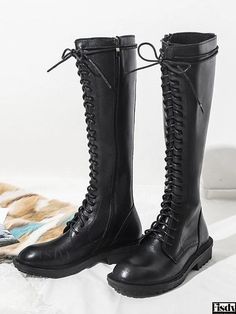 Fisdy - Botas planas con cordones negras de punta redonda para mujer Black Lace Up Flats, Street Wear Style, Black Flat Boots, Granny Boots, Victorian Boots, Womens Boots Flat, Knee High Boots Flat, Black Lace Up Boots, Womens Black Flats