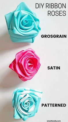 3 roses made from ribbon - top is a turquoise rose made from grosgrain ribbon, center is a pink rose made from pink satin ribbon, and bottom is a turquoise rose with white chevron patterned grosgrain ribbon. Making Silk Flowers, Satin Flowers Diy, Simple Paper Flower, Ribbon Flowers Diy, Ribbon Flower Tutorial, Diy Ribbon Flowers, Homemade Bows, How To Make Rose