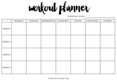 the printable workout planner is shown in black and white, with words on it