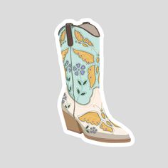 Saddle up with our enchanting Cowgirl Boot Vinyl Sticker, adorned with vibrant flowers and whimsical butterflies! This beautifully illustrated sticker captures the essence of country charm and adds a touch of nature's beauty to your belongings.  🤠 Whether you're a country music fan, a lover of all things Western, or just appreciate stunning artwork, this sticker is a must-have for your collection. ✨ Dimensions: 4" x 2" 💧 This vinyl sticker has vibrant colors and a protective laminate coating that protects the design from scratches, water, and sunlight. 💫 Versatile Application: Perfect for laptops, water bottles, notebooks, phone cases, and more, this sticker adds a touch of sweetness and positivity to any surface. It is also suitable for outdoor use e.g. on a bicycle, skis, or skateboar Cute Multicolor Spring Boots, Multicolor Western Boots For Spring, Bohemian Multicolor Boots For Spring, Multicolor Bohemian Boots For Spring, Cowgirl Boot Flower Tattoo, Multicolor Floral Print Boots For Summer, Watercolor Cowgirl Boots, Multicolor Floral Print Summer Boots, Cowgirl Boots With Flowers Drawing