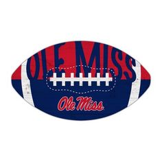 an old miss football with the ole mississippi logo on it is shown in red, white and blue