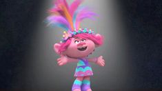 a cartoon character with pink hair and colorful feathers