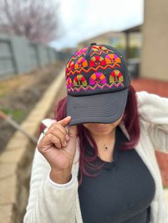 This is a beautiful artesanal Mexican flower cap for women! Hand made! Beautiful colorful design  embroidery!  Go perfectly with any outfit or any occasion gift.!  Hand made in Mexico! Mexican Flowers, Design Embroidery, Colorful Design, Caps For Women, Sun Hats, Caps Hats, Accessories Hats, Color Design, Hand Made