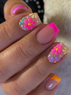 24pcs Long Square Baby Pink French Flowers Print Fake Nail Press On Nails False | eBay Nails Yellow, Flower Nail, French Tips