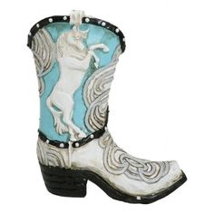 a white and blue cowboy boot with a unicorn on it