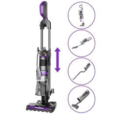 an image of a purple vacuum cleaner with instructions on how to use the attachments