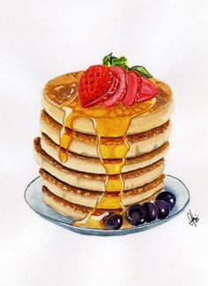 a stack of pancakes with syrup and strawberries on top