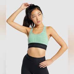 Brand New Gymshark Vision Sports Bra In Mint Green. Thick Elastic Waistband Which Matches The Leggings. Graphic Print On Fabric. Waistband 13.5" Across Relaxed 13.5" Pit To Pit 12" Length Casual Supportive Sports Tops, Supportive Casual Sports Tops, Casual Green Sports Bra, Sweat Resistant, Casual Green Sweat-resistant Sports Bra, Wordmark Design, Print On Fabric, Gym Wear For Women, Supportive Sports Bras, Stand Strong