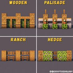 four different types of wooden fences with text that says, wood pallisade ranch hedge