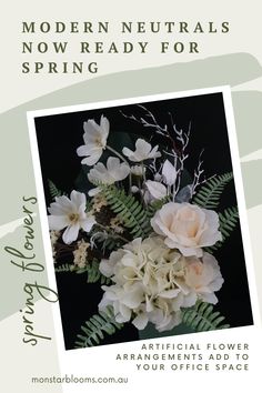 an advertisement for modern neutrals spring ready for the home decorating business, featuring white flowers and greenery