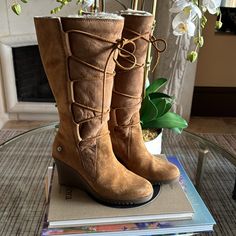 Super Cute Ugg Boots In Camel Suede Lace Up Wedge Rubber Heels. Only Worn One Time. Very Good Condition. Comes With Original Box And Packaging And Original Shoe Cover - Which Was Never Used. Size 6 Usa Cute Ugg Boots, Digital Wardrobe, Shoe Cover, Shoes Ugg, Lace Up Wedges, Shoe Covers, Suede Lace, Rubber Heels, Womens Uggs