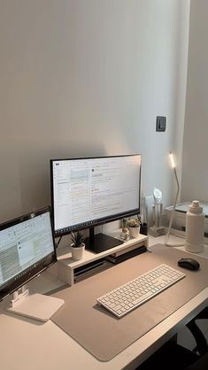 a computer desk with two monitors and a keyboard