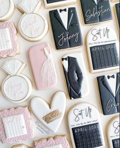 wedding cookies are laid out on a table