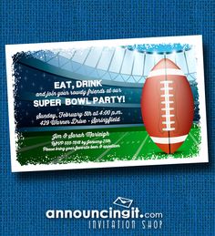 an image of a football party card with the words eat drink and super bowl party on it