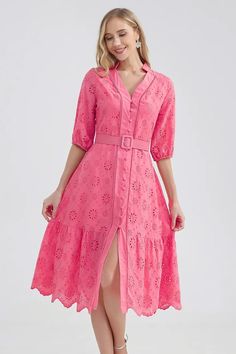 Vacation Romance Eyelet Midi Dress | Jewelclues #color_hot pink Chic V-neck Eyelet Dress, Chic Eyelet V-neck Dress, Fitted V-neck Eyelet Dress, Elegant Short Sleeve Eyelet Dresses, Summer V-neck Eyelet Dress, Feminine Eyelet Midi Dress, Summer Eyelet Dress With V-neck, Feminine Eyelet Dress With Short Sleeves, Midi Dress With Cutwork Hem And Short Sleeves