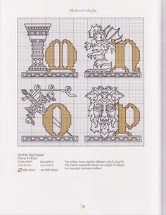 the cross stitch pattern is shown in three different sizes and colors, including one for each letter