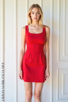 Olivia Mark - Elegant Vibrant Red Square Neck Mini Dress with Sleeveless Design and Waist Definition Square Neck Mini Dress, Sleeveless Red Mini Dress With Built-in Bra, Red Square, Inner Beauty, Daily Dress, Flared Skirt, Fitted Bodice, Flare Skirt, Vibrant Red