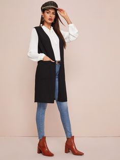 Black Elegant  Sleeveless Polyester Plain   Slight Stretch Spring/Fall Women Outerwear Womens Long Vest, Long Vest Jacket, Drop Shoulder Coat, Chaleco Casual, Open Front Vest, Women Outerwear, Black Plain, Short Vest, Fit Fashion