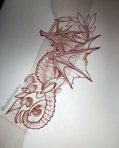 a drawing of a seahorse with leaves on it's head and tail is shown in red ink