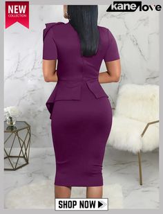 Women Summer Purple Formal Bow Short Sleeves Solid Knee-length Office Dress Long Sleeve Mermaid Dress, Summer Formal, Office Wear Women, Round Neck Dress, Bow Shorts, Summer Bodycon Dress, Sequin Bodycon Dress, Muslim Dress, Office Dress