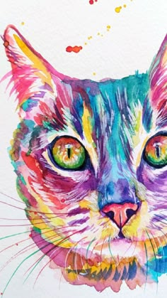 a watercolor painting of a cat's face with green eyes and pink nose