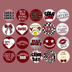 USC South Carolina Gamecocks gameday buttons! These buttons make the most adorable addition and accessory to your gameday outfits. They also are a great way to bring some personality to your backpack around campus or give as gifts to your friends and family.  ★ 2.25 inches (Available in additional sizes upon request.) ★ Buttons are designed by Abby ★ Buying in bulk (10 or more)? Send me a message for a custom listing with a bulk pricing discount! ★ Don't see your school but love a design? Send me a message and I am more than happy to create something custom! Game Day Pins Sorority, Sorority Game Day Buttons, Game Day Pins, Game Day Buttons, Gameday Buttons, Gamecock Nation, Usc Gamecocks, Gameday Outfits, Carolina Gamecocks