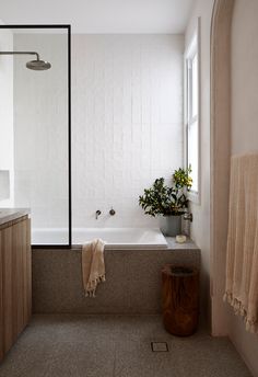 a bathroom with a bathtub, sink and toilet next to a plant on the counter