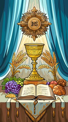 an open book sitting on top of a table next to a golden trophy and grapes