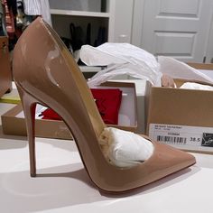 Nude Patent Leather Pumps. Never Worn Outside Of Trying Them On. Also Had The Soles Waxed To Protect The Bottoms (Which Cost An Additional $200 On Top Of The Shoes) European Size 38.5 Which Translates To An American 8.5. Comes With All Things Pictured Including Original Box, Dust Bags. Beige Heels With Red Sole, Louboutin So Kate, Christian Louboutin So Kate, So Kate, Louboutin Heels, Christian Louboutin Heels, Heels Fashion, Nude Pumps, Red Bottoms