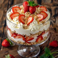 a layered cake with strawberries and nuts in the middle on a wooden table next to some green leaves