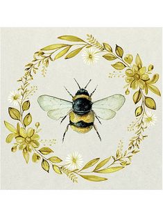 a drawing of a bee surrounded by flowers and leaves