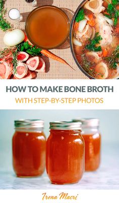 three jars filled with homemade bone broth next to an image of the same jar