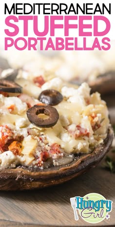 this mediterranean stuffed potato is loaded with cheese, olives and other ingredients to make an appetizer