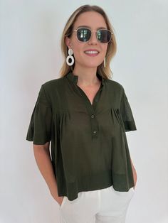 rame Pleated Button-Up Blouse in Military Ladies Who Lunch, Evening Jewelry, Sweater Sale, Denim Pant, Jacket Sale, Skirts For Sale, Mandarin Collar, Lightweight Fabric, Denim Dress