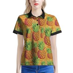 Neon Yellow Pineapple Hawaiian Print Women'S Polo Shirt Summer 2024 Design By Snorider Fashion. Shirts are an essential item of apparel for people of all ages and genders due to their flexibility. It usually features a collar, buttons along the front, and long or short sleeves. Shirts come in a wide variety of styles, colors, and fabrics, making them suitable for formal, business, and informal contexts. They might be dressed more informally in jeans and a tee shirt or more formally in dress pant Neon Pineapple, Yellow Pineapple, Purple Neon, Tie Dye Women, Polo Women, Yellow Ties, Pineapple Print, Sunflower Print, Hawaiian Print