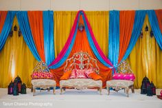 Draped Mehndi party stage. http://www.maharaniweddings.com/gallery/photo/94079 Engagement Decoration, Mehndi Party, Indian Wedding Fashion, Stage Photo, Senior Center, India Colors, Engagement Decorations, Party Background, Glam Decor