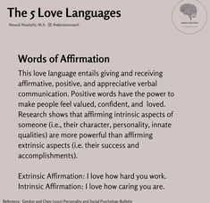 the 5 love languages words of affirmation in english and spanish are highlighted on this page