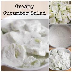 four pictures show how to make creamy cucumber salad with cream cheese and sour cream