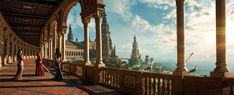 two people standing on a balcony looking out at the city and sea in an animated scene