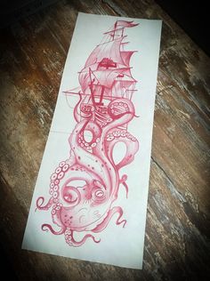 an octopus and ship tattoo design on paper