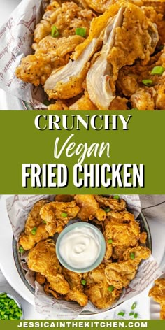 chicken wings with ranch dressing on the side and text overlay that reads crunchy vegan fried chicken