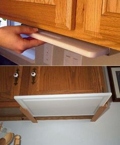 two pictures side by side one shows a kitchen sink and the other shows an open drawer