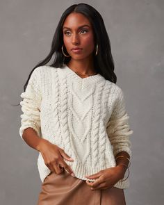 Keep it cute and cozy in the Corey Relaxed Cable Knit Sweater. It features a ribbed V-neckline, hem & cuffs and is made from soft, chunky cable knit fabric. Pair this fall staple with faux leather bottoms or your favorite denim. Relaxed fit V-neckline Long sleeves Ribbed trim Soft, chunky cable knit fabric Runs Large Cozy Cable Knit V-neck Sweater For Winter, Cozy Knit V-neck Sweater For Fall, Cozy Long Sleeve Cable Knit V-neck Sweater, Cozy Knitted V-neck Sweater For Fall, Cozy Fit Knit V-neck Sweater, Cozy Cable Knit Sweater For Cold Weather, Cozy Ribbed V-neck Sweater For Winter, Cozy Ribbed V-neck Winter Sweater, Fall Cable Knit V-neck Sweater