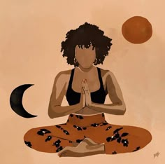 a painting of a woman sitting in a lotus position with her hands together and the moon behind her