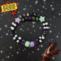 #beetlejuice #bracelet Beetlejuice Bracelet, Kandi Patterns Bracelets, Kandi Projects, Fort Ideas, Beetlejuice Makeup