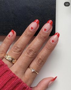 This look is so simple but so effective! Add a little extra love to your French manicure with some cute hearts at the base of your nails. You can try out this look with any colour you like. Cute Red Nails, Heart Nail Art, Simple Acrylic Nails, Red Nail Designs, French Tip Nails, Short Acrylic Nails